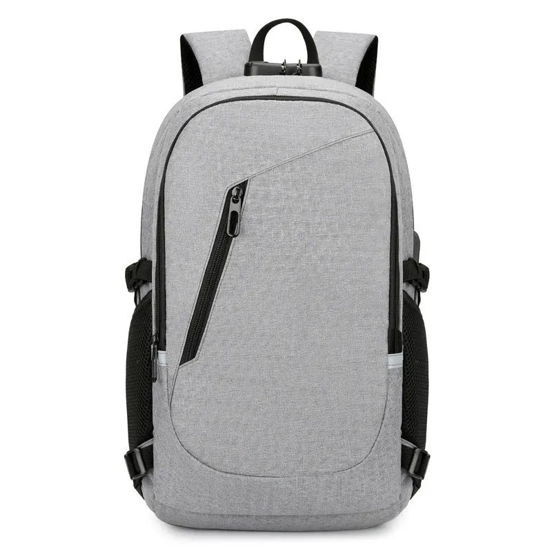 Oxford cloth computer backpack in blue, shown with street style design and laptop compartment.