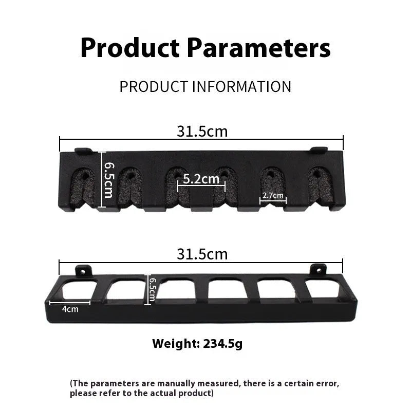 Black ABS plastic wall-mounted fishing rod holder shown in upright and horizontal styles.