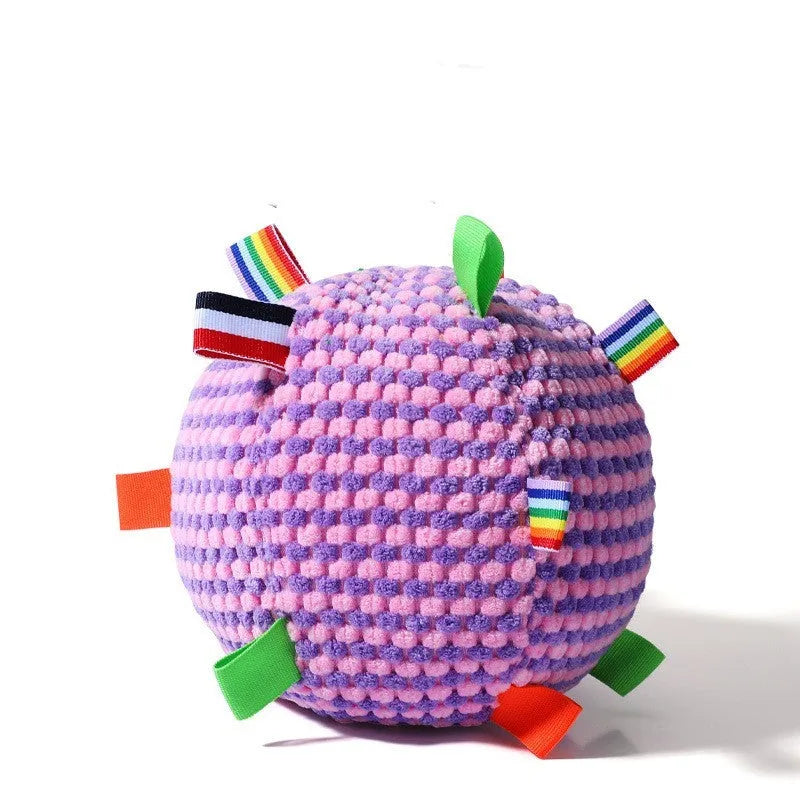 Blue hollow plastic dog ball with pineapple lattice pattern and rattle inside on grass