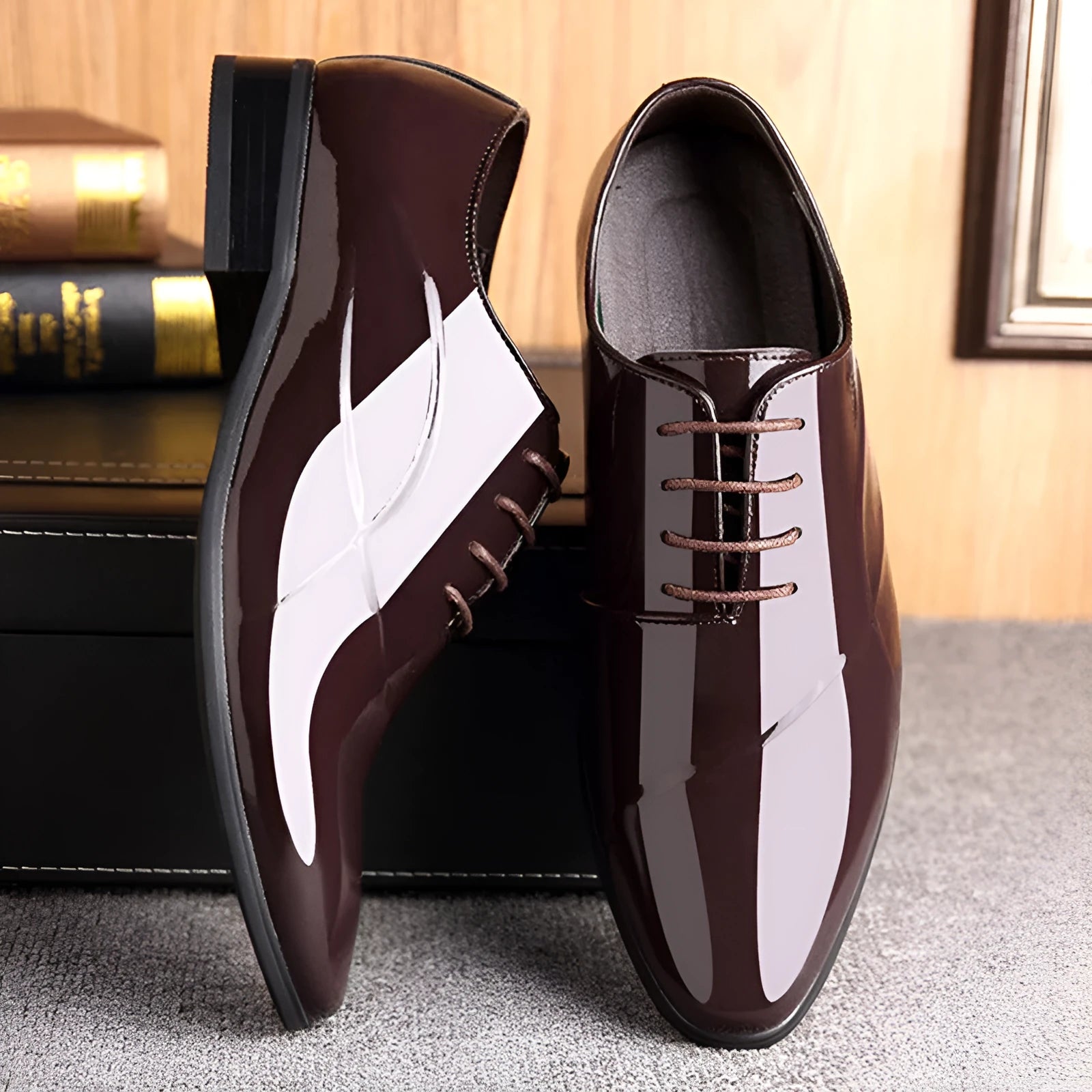Men's black and brown business formal shoes with pointed toe made from artificial PU material