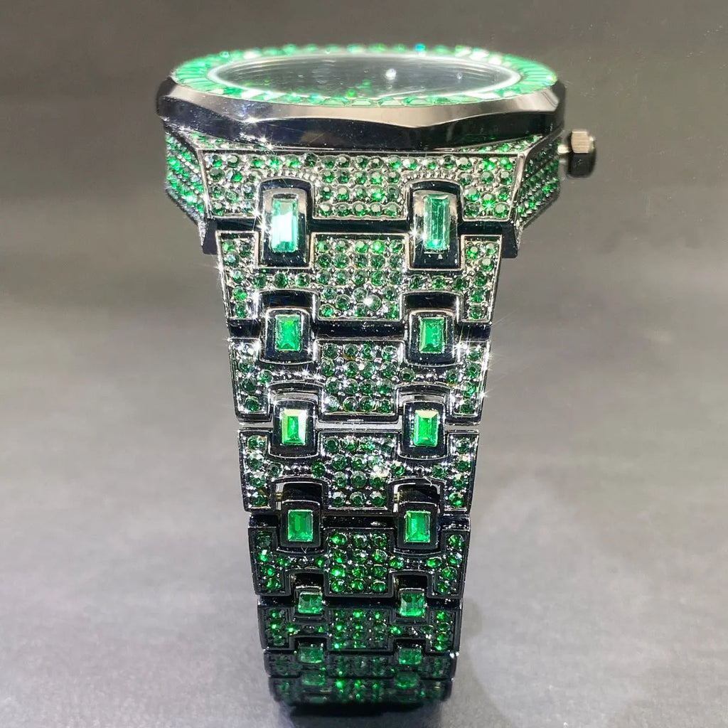 Men's green full rhinestone hip hop quartz watch with 13mm alloy case
