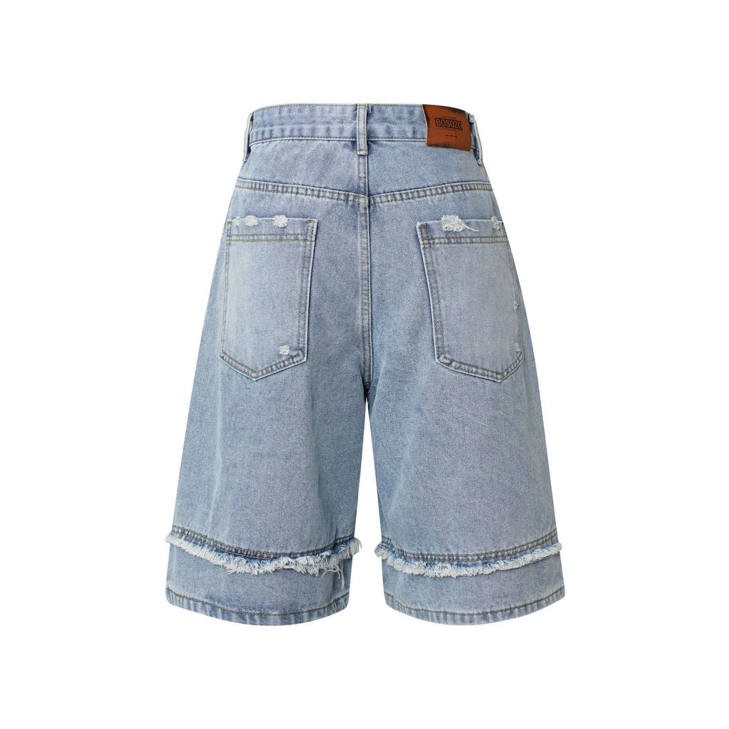 Distressed denim shorts with raw edge finish in straight cut available in three colours