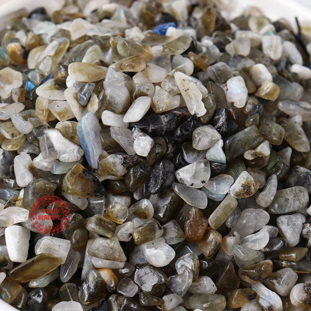 Assorted natural crystal decorative gravel chips in a clear PP bag, available in multiple colours and sizes