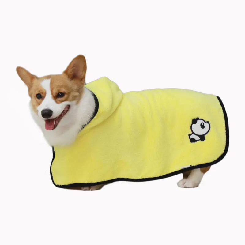 Coral fleece pet bathrobe in yellow, waist-wrapped green, cloak green, and cloak grey, sizes XS to XL.