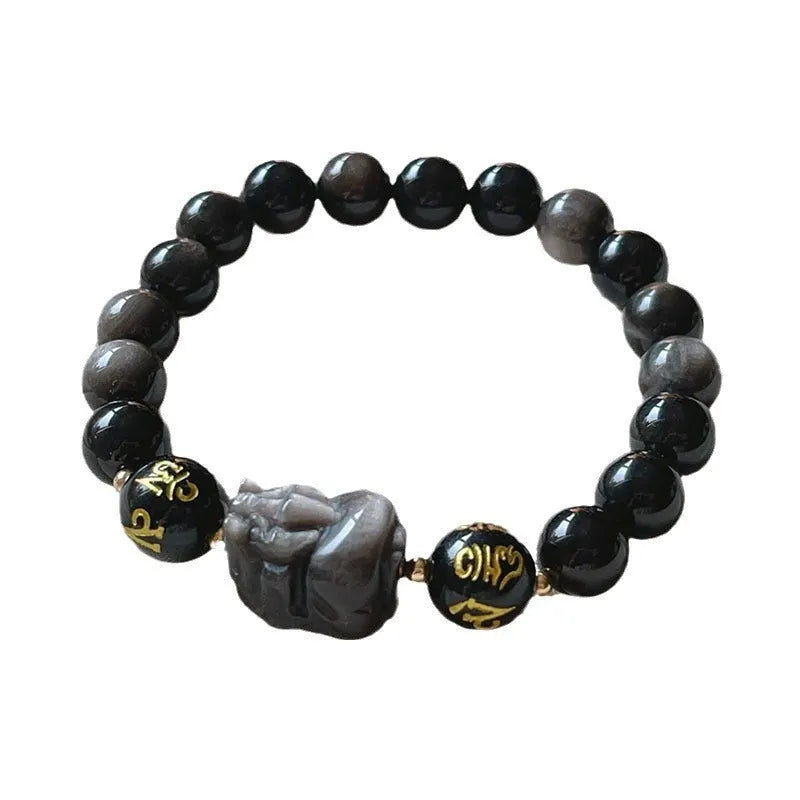 Men's natural silver stone bracelet with handcrafted Chinese zodiac engravings and beaded design