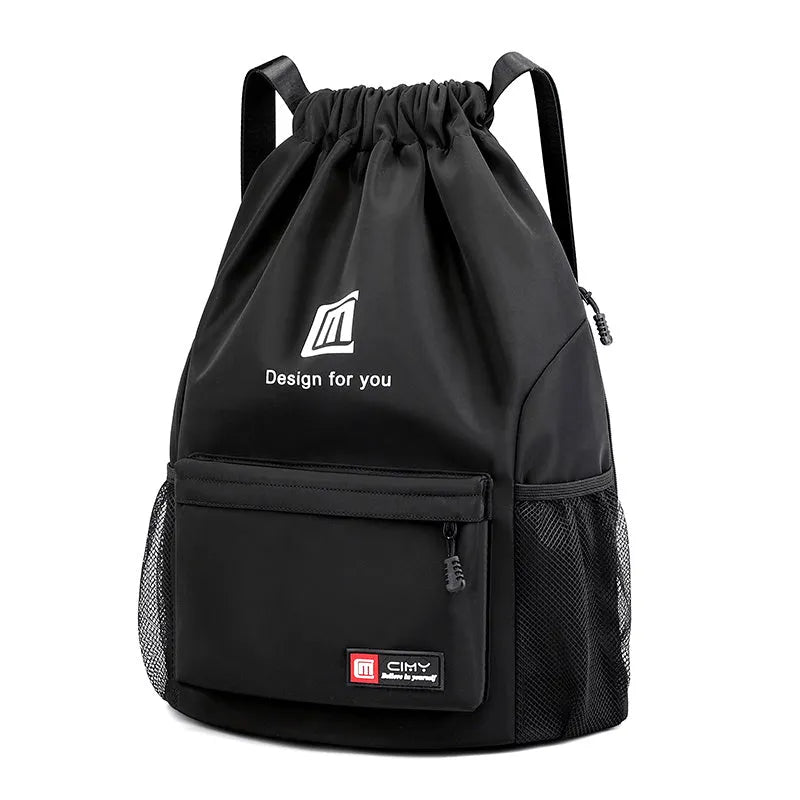 Water-repellent Oxford travel backpack with drawstring closure in black colour showing bucket shape and double shoulder straps
