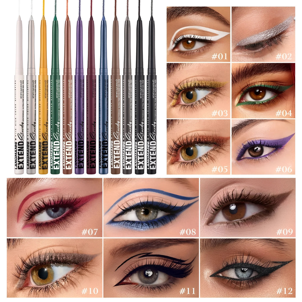 Set of 12 colourful gel glitter eyeliner pencils in vibrant shades for waterproof, long-lasting makeup.