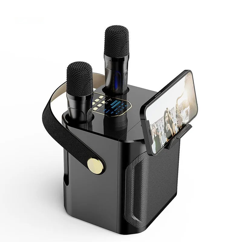 Dual stereo portable karaoke speaker in black or white with two microphones, 143 x 168 x 171 mm