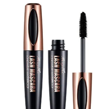 Black waterproof mascara tube with wand applicator for curling lashes and preventing smudging
