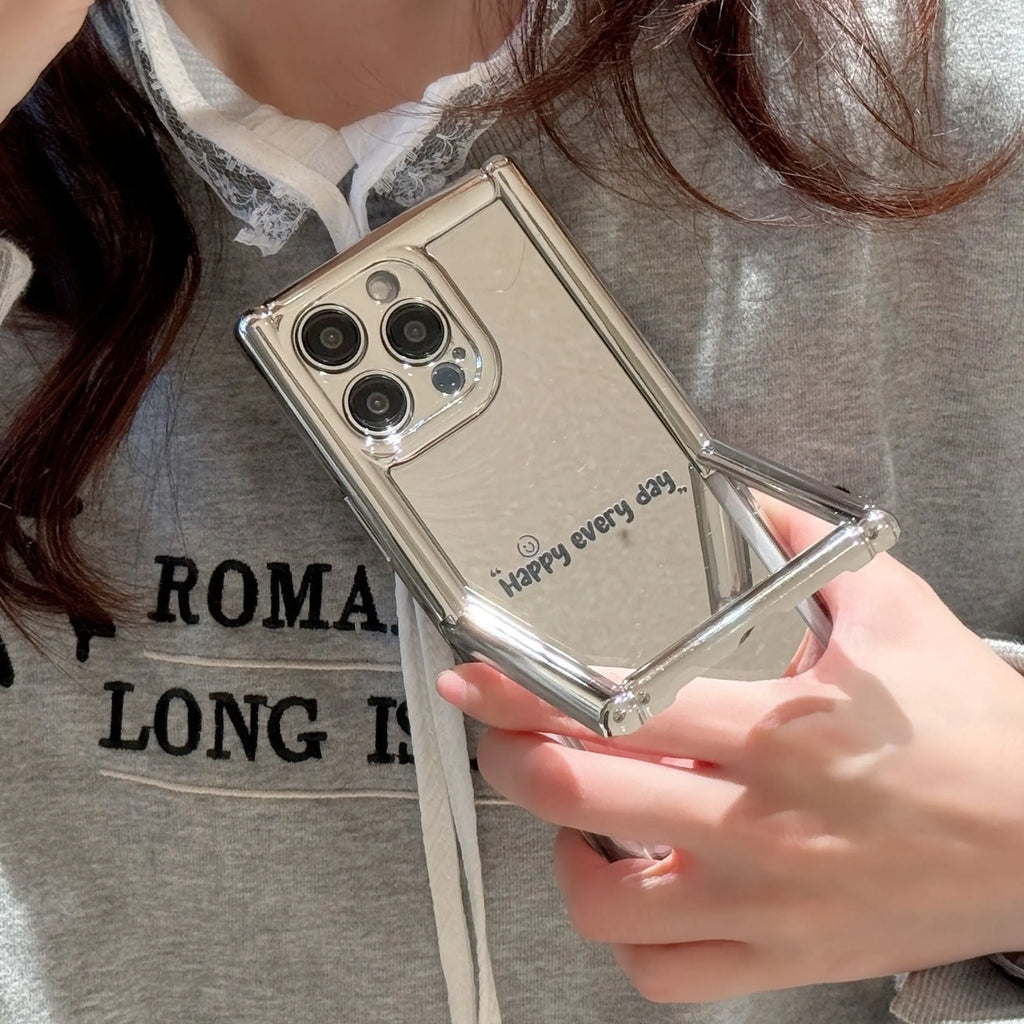 Silver grey mirror iPhone case with cylindrical bracket stand, electroplated TPU, anti-fall, all-inclusive