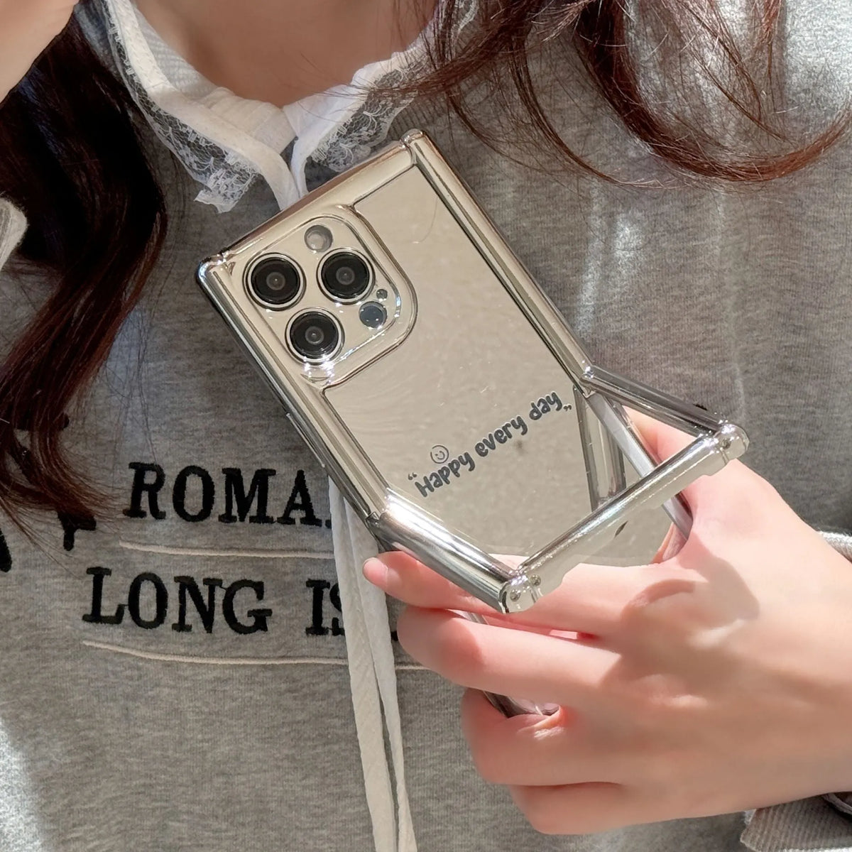 Silver grey mirror iPhone case with cylindrical bracket stand, electroplated TPU, anti-fall, all-inclusive