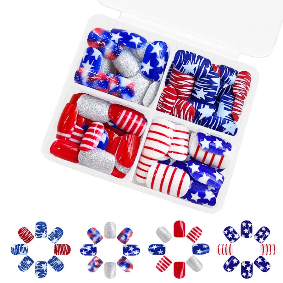 Independence Day glitter red and blue multicolor nail tips in European square shape 4 pack