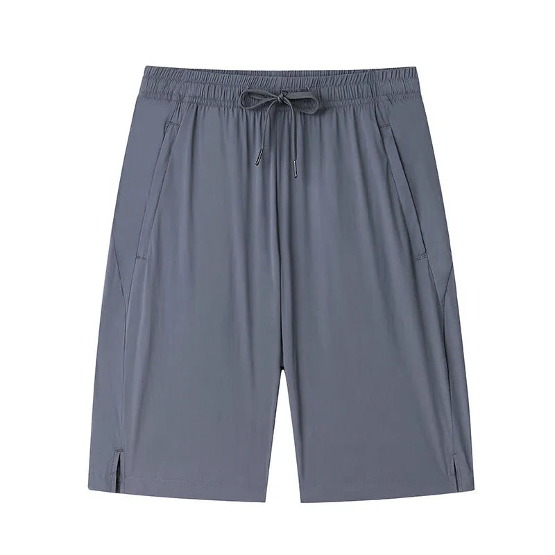 Men's ice silk nylon bermuda shorts in black with high elasticity, straight leg, sizes M to 4XL