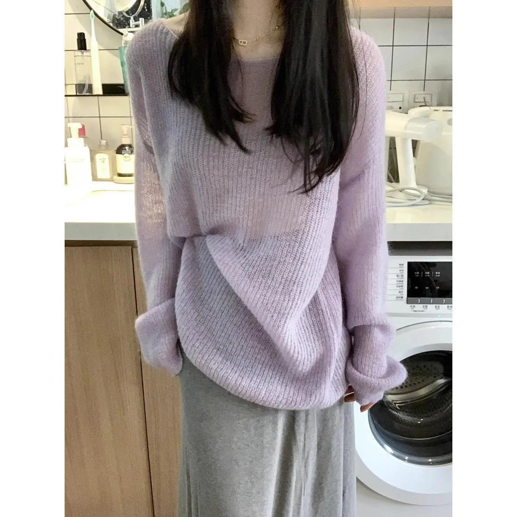 Purple ice silk women's blouse with round neck, princess sleeves, and a hollow-out design