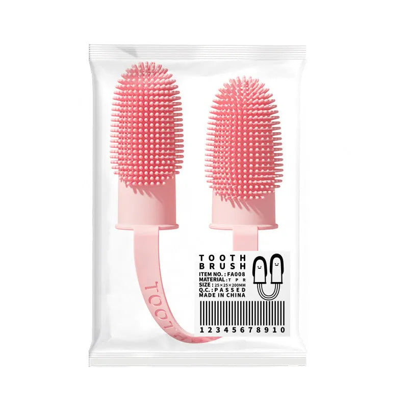 TPR pet tooth cleaning finger cover in blue green, pink, or grass yellow for manual dental care.