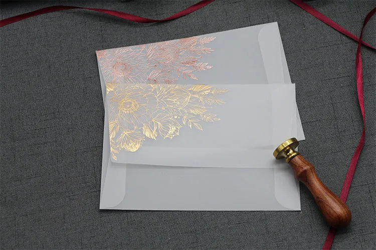 Sulfuric acid paper invitation cards with bronzing matte varnish in gold and rose gold colours