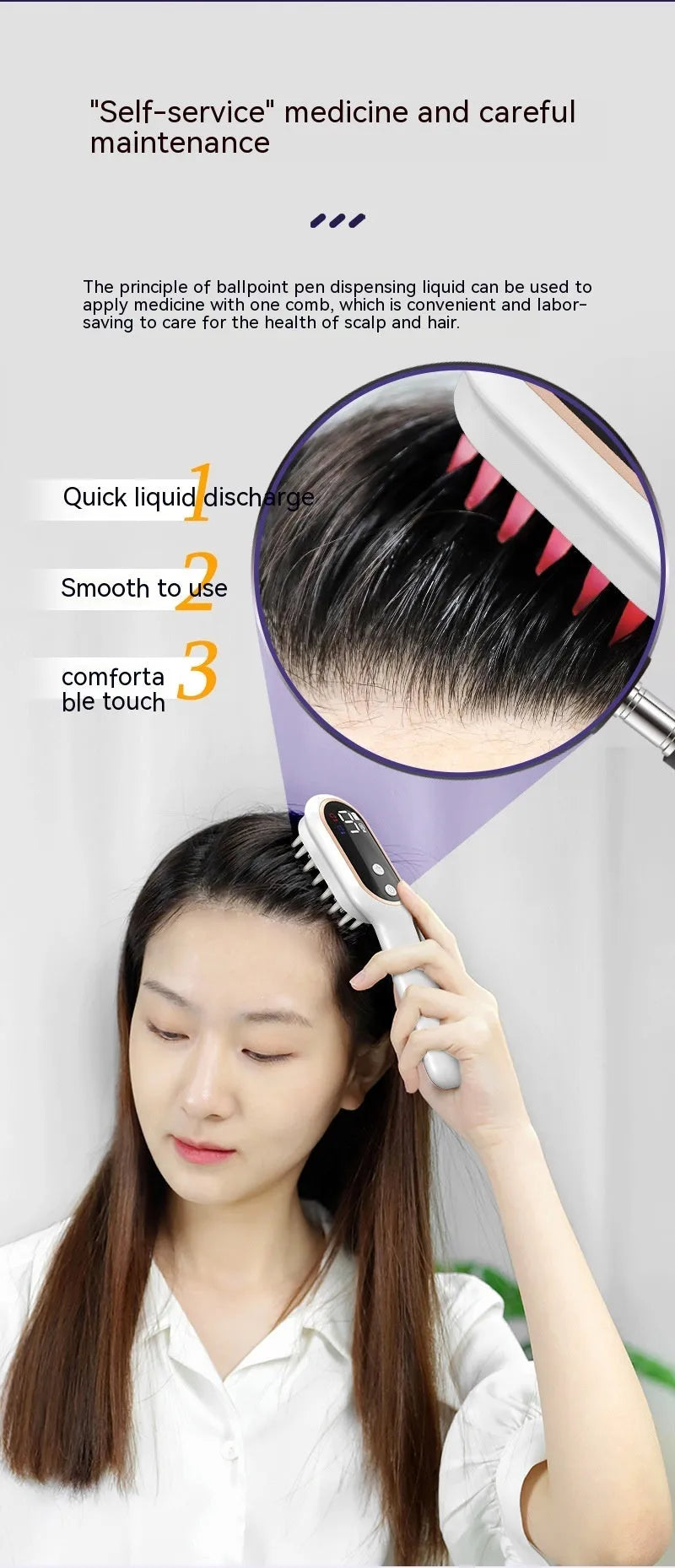 White scalp medicine feeder massage comb with 10ml medicine box, 17 TPU comb teeth, red and blue light, 154*50*39 mm