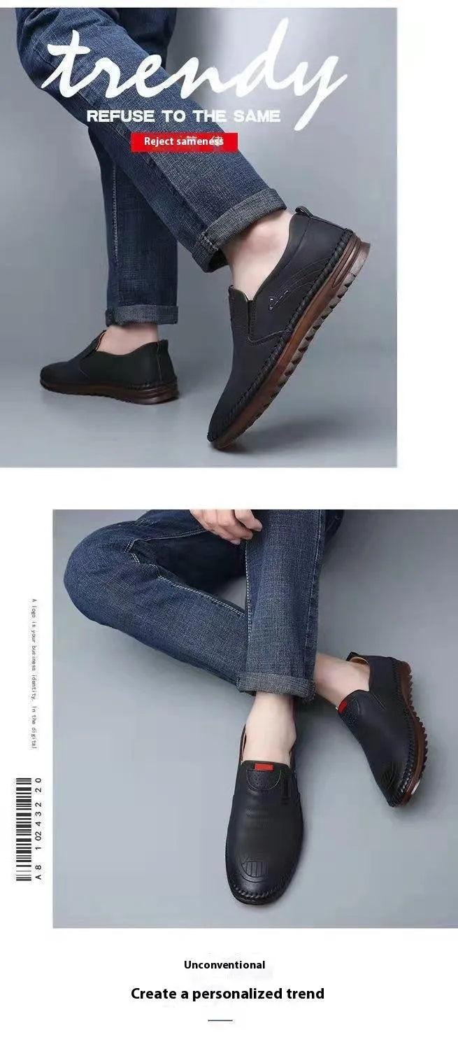 Men's casual soft leather shoes with PU upper, low wedge heel, in black colour