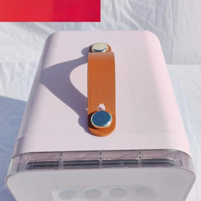 Beauty mini refrigerator with transparent door in pink colour showing dual hot cold functions