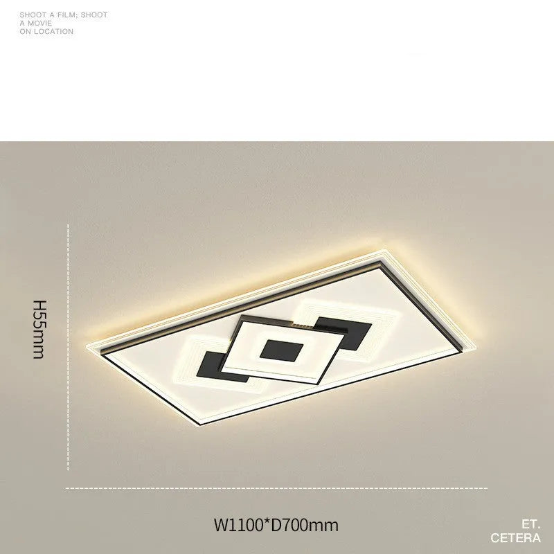 Modern rectangular LED ceiling light, 220V, W1100 x D700 x H55 mm, black and white or gold and white, 53W to 128W, 15-30㎡