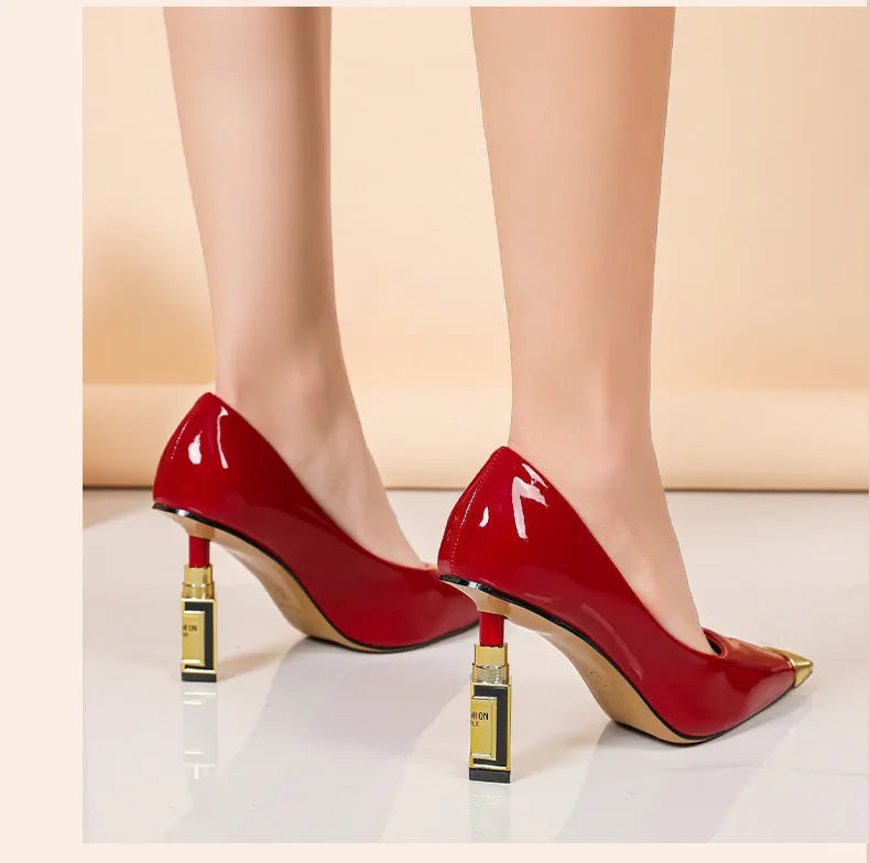 Red and black pointy peep-toe stiletto pumps with metal toe caps, slip-on PU upper and rubber sole, sizes 35-40