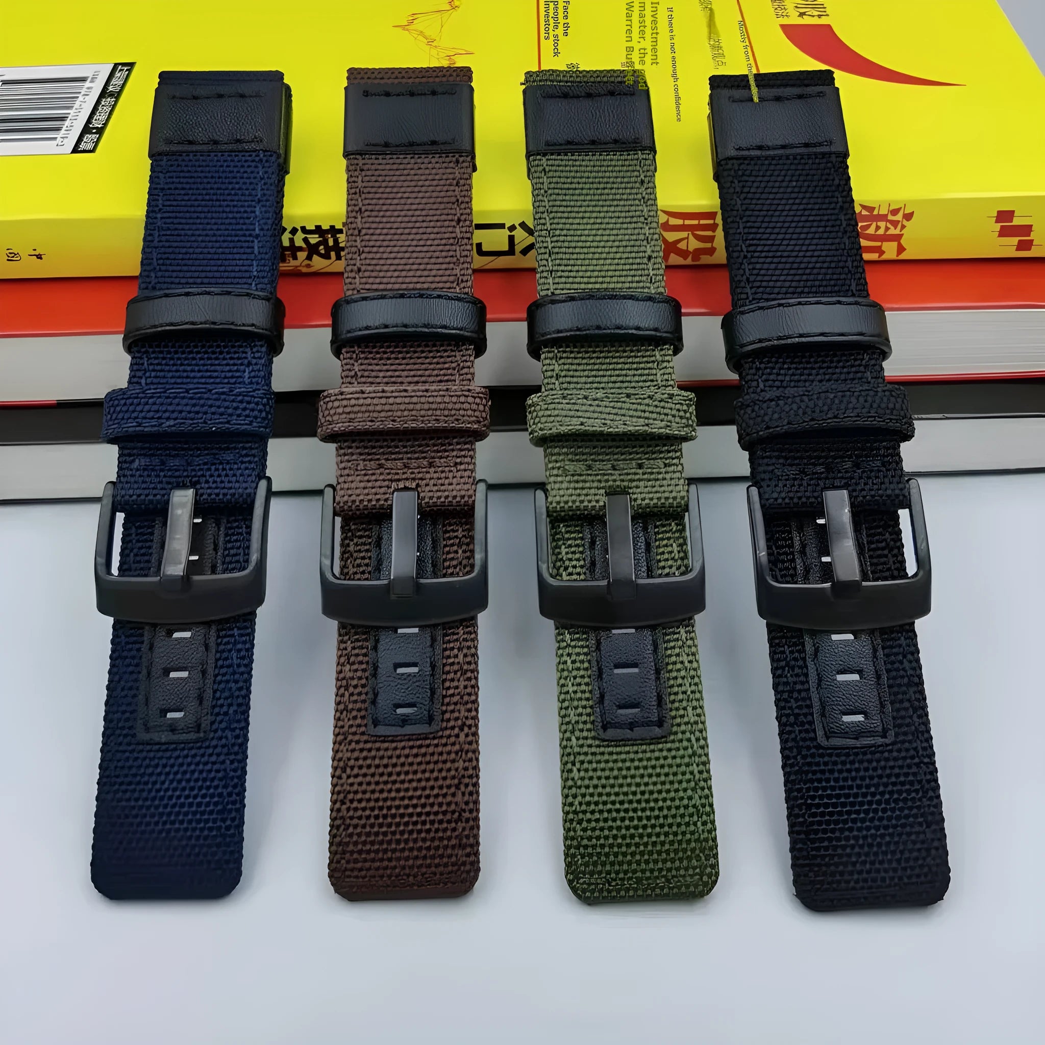 Oxford cloth watch strap shown in multiple colours including camouflage, with 20mm, 22mm, and 24mm width options.