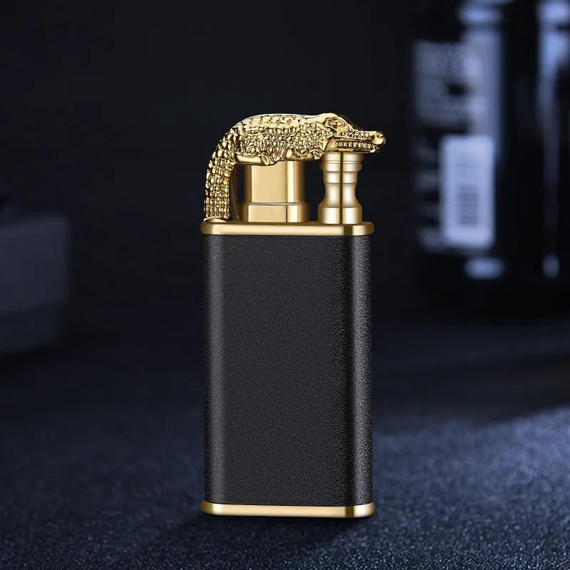 Creative blue flame lighter with windproof double fire and novelty dragon design, metal body