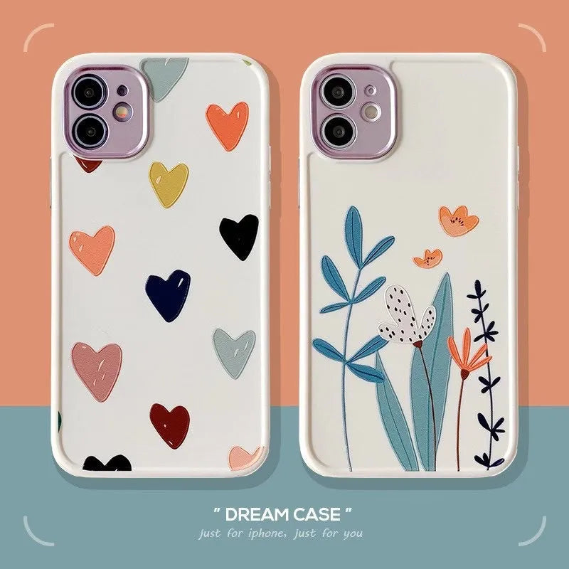 Heart electroplated lens iPhone case with painted Nordic design, TPU back cover, multiple coloured loving heart pattern