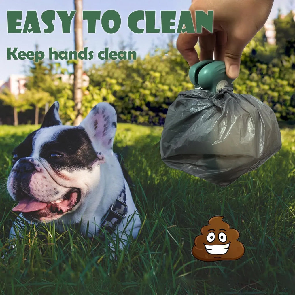 Blue handheld pooper scooper with clip and expandable waste container for dog cleanup.