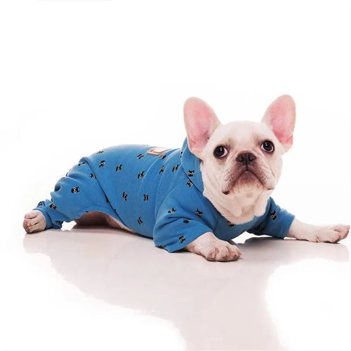 Blue velvet pet hoodie for dogs and cats, four-legged design, size XS to XXXL