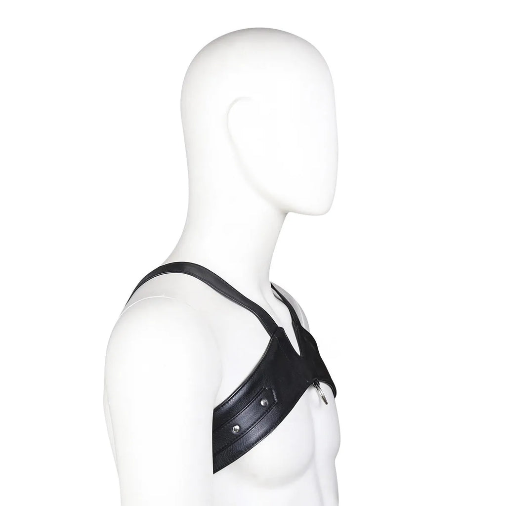 Men's black leather adjustable chest strap for intimate wear