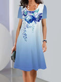 Women's Ice Silk floral print midi dress with short sleeves and an A-line skirt on a hanger.