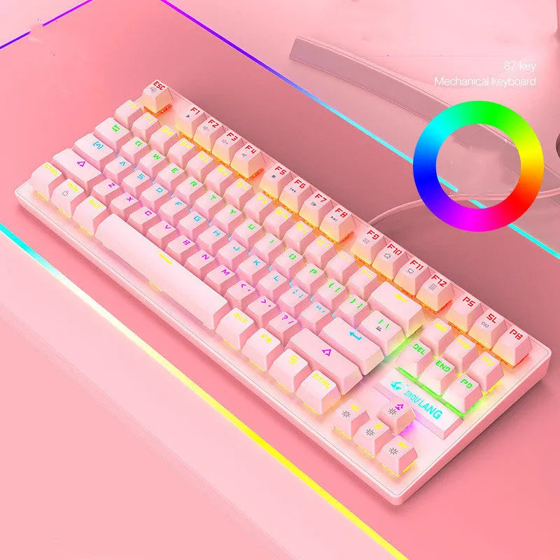 Compact mechanical gaming keyboard with ABS plastic construction in black, white, blue, or pink colour options