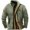 Men's green polyester fleece padded coat on a hanger, showing regular fit and zip front.