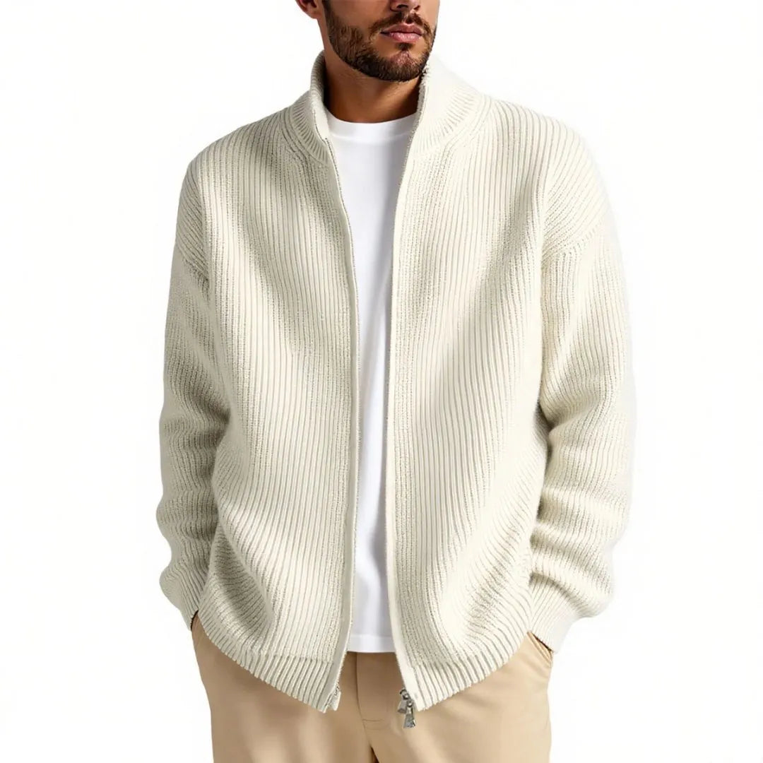 Man wearing a loose-fit grey cardigan sweater, a casual base layer for leisure wear.