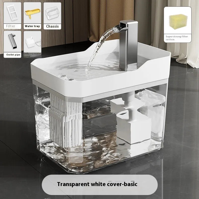 Automatic cat water fountain with filter in transparent plastic, showing water flow.