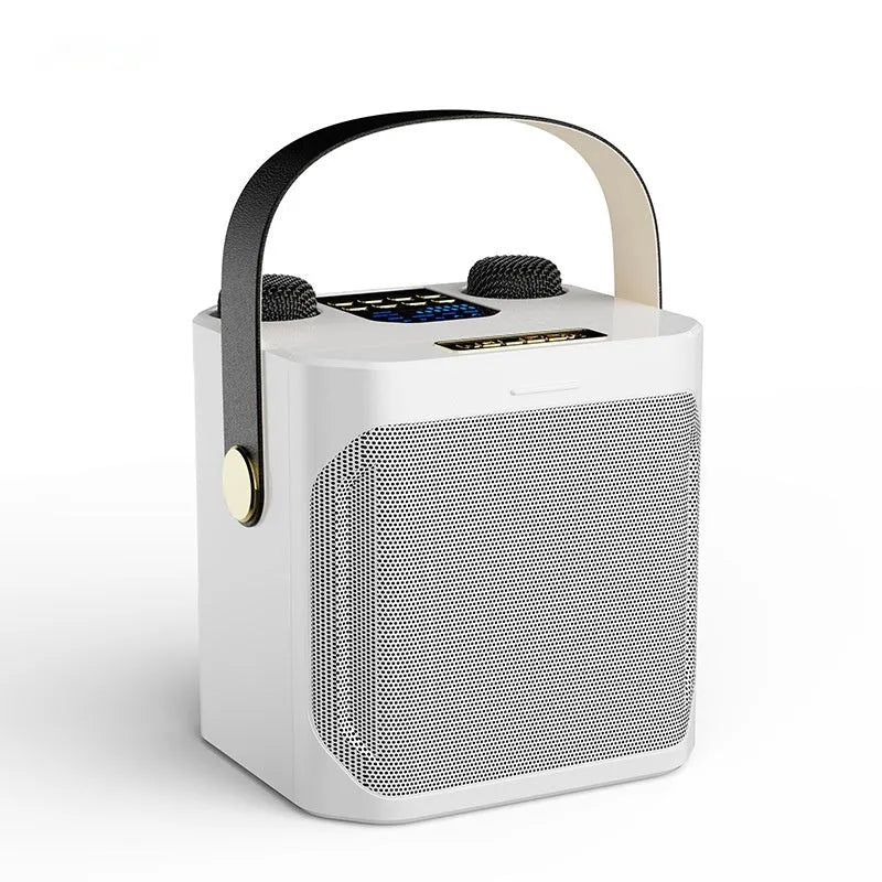Dual stereo portable karaoke speaker in black or white with two microphones, 143 x 168 x 171 mm