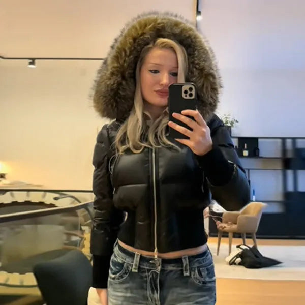 Black hooded cotton coat with detachable sleeves, faux fur collar and waist-cinching design, short padded women's jacket