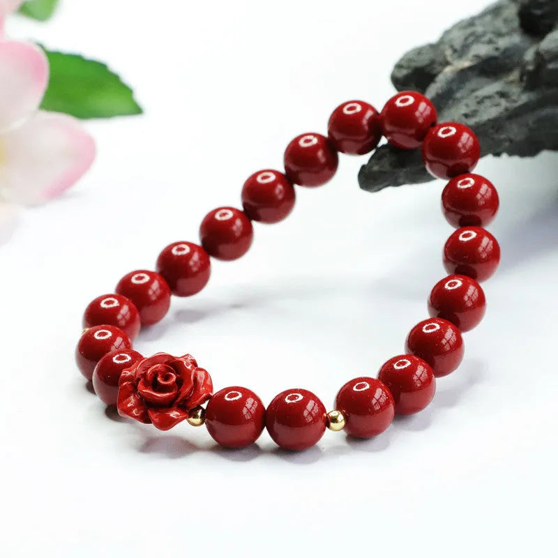 Natural cinnabar bracelet with 8mm purple gold sandstone rose beads and handcrafted design