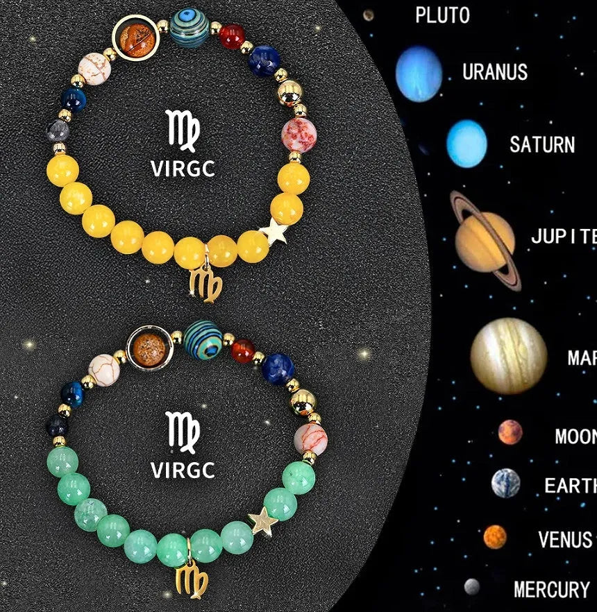 Two natural stone bead bracelets with zodiac symbols on a table, showing adjustable silver zinc alloy clasp.