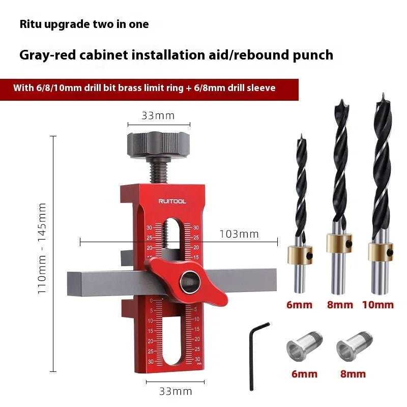 Aluminium alloy cabinet door installation aid tool for woodworking with 10mm drill bit.