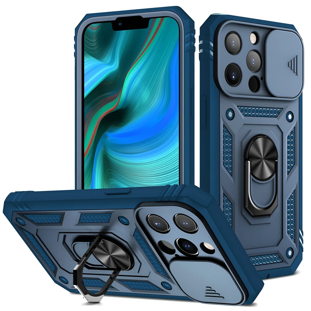 Two-tone magnetic iPhone case with sliding window bracket in sapphire blue