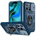 Two-tone magnetic iPhone case with sliding window bracket in sapphire blue