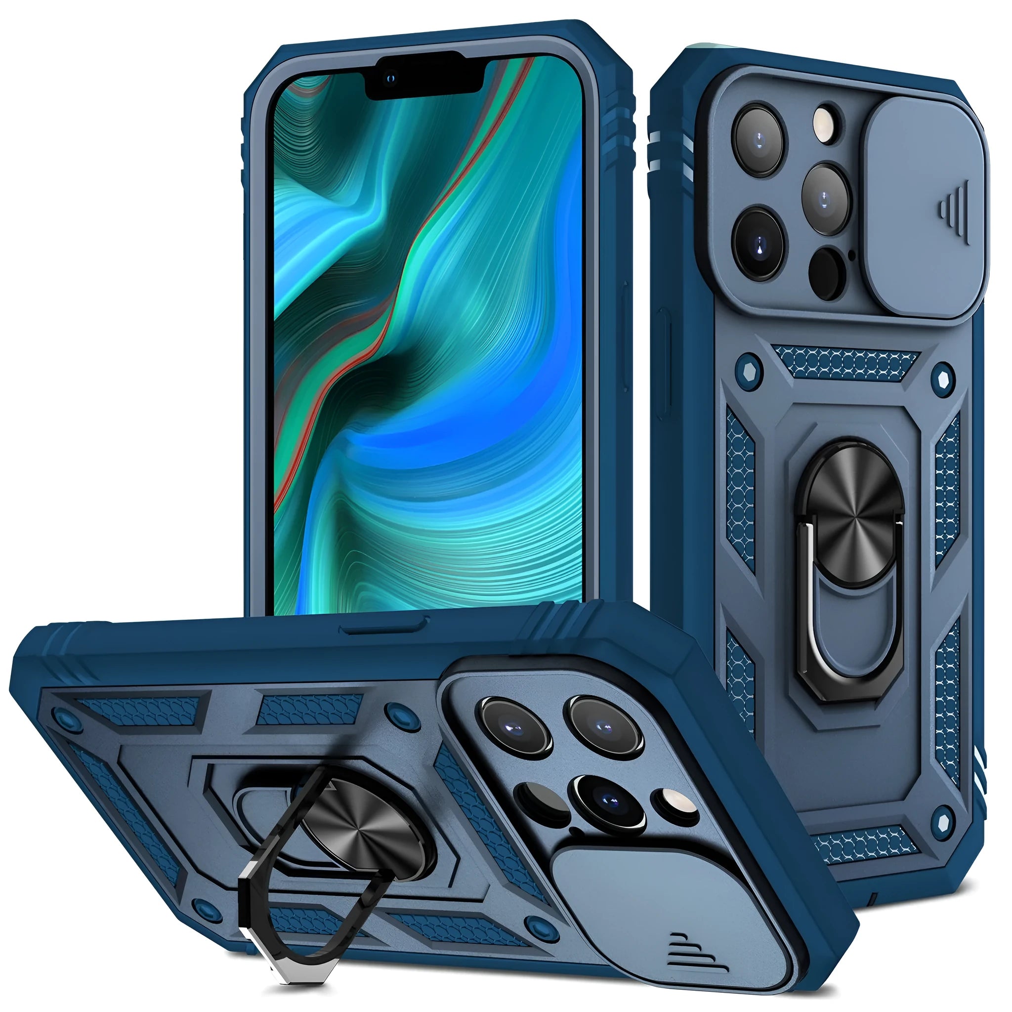 Two-tone magnetic iPhone case with sliding window bracket in sapphire blue