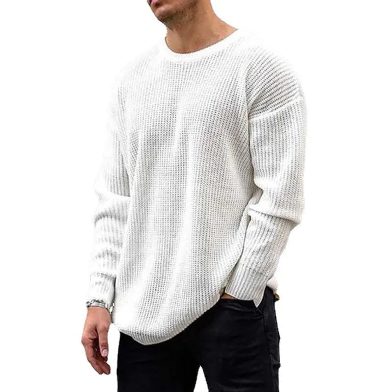 Men's acrylic knit sweater solid colour round neck long sleeve in white on model