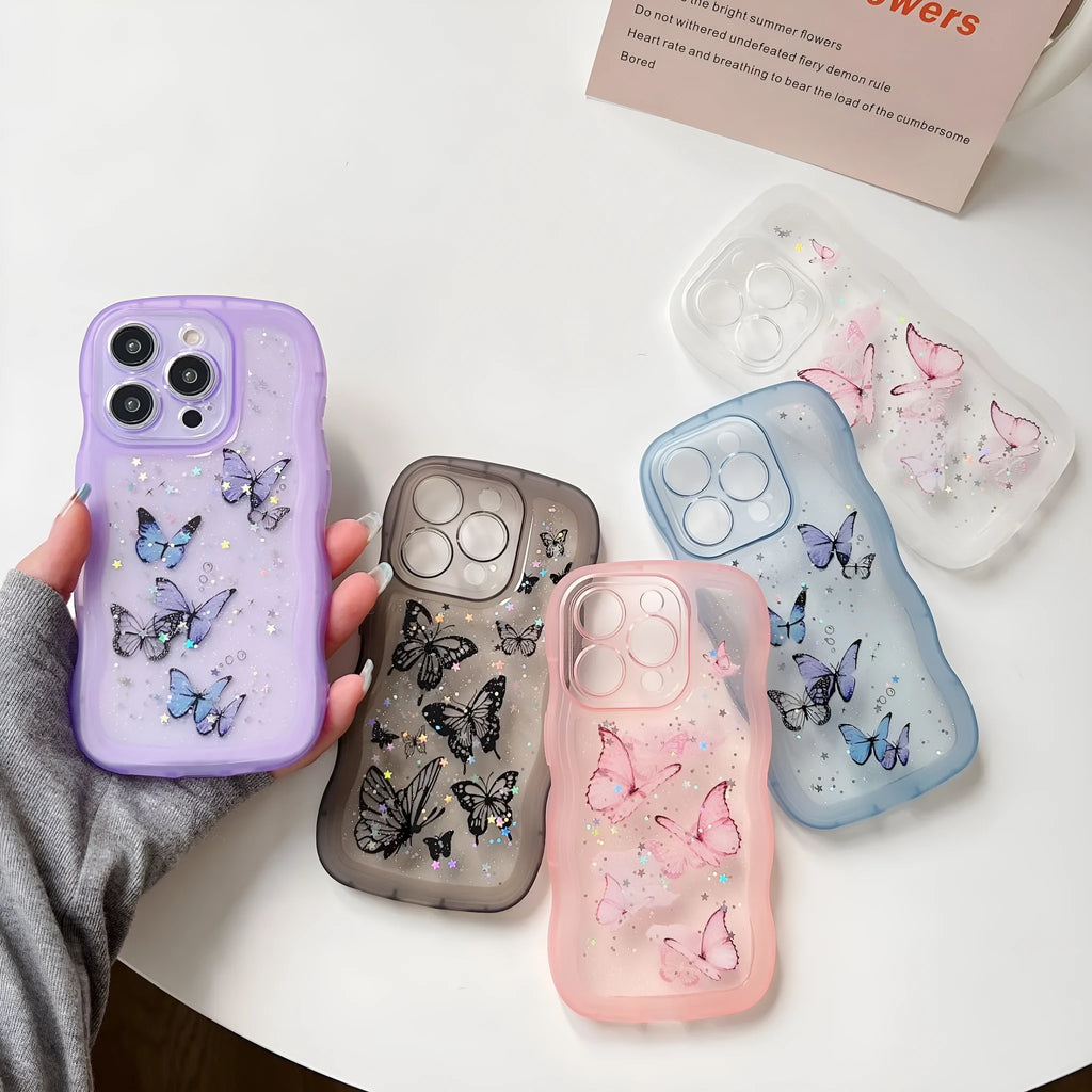 TPU transparent protective phone cover with painted butterfly glitter design and wave pattern for iPhone models