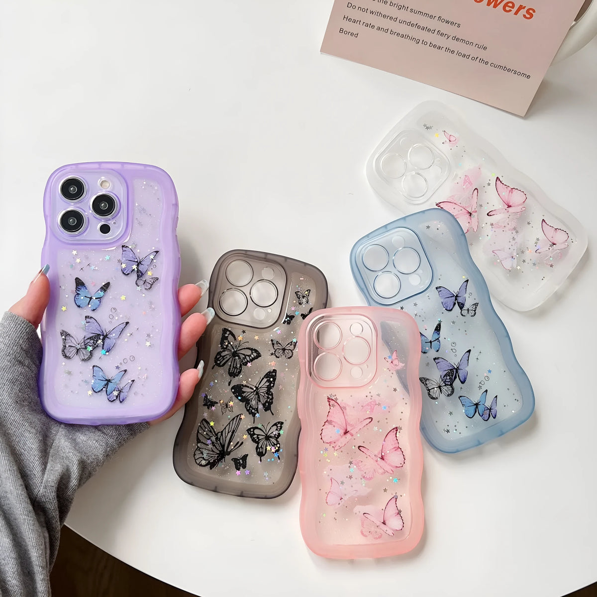 TPU transparent protective phone cover with painted butterfly glitter design and wave pattern for iPhone models