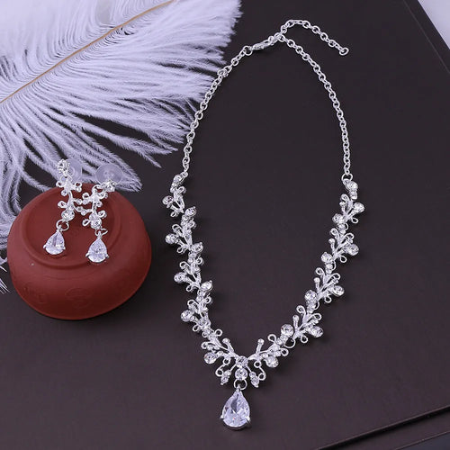 Bridal rhinestone zircon earring and necklace set in alloy, inlaid diamond finish, three colour options silver white gold white black