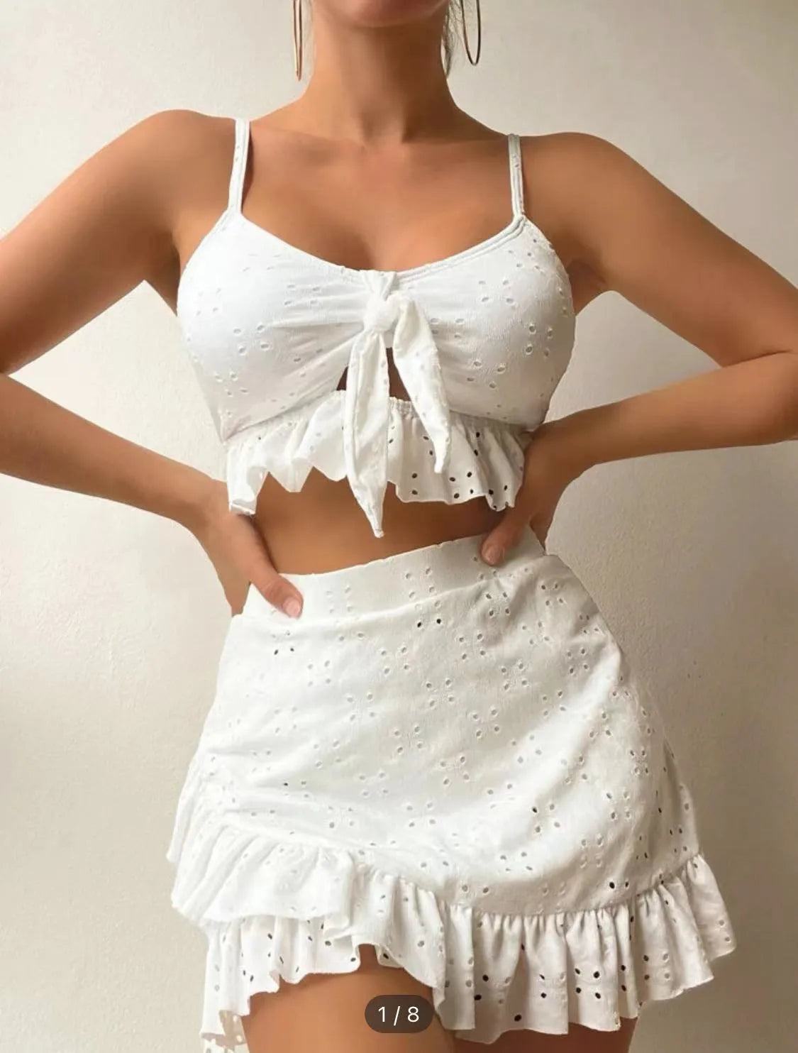 Women's solid colour three-piece bikini set with split hip skirt in multiple colour options