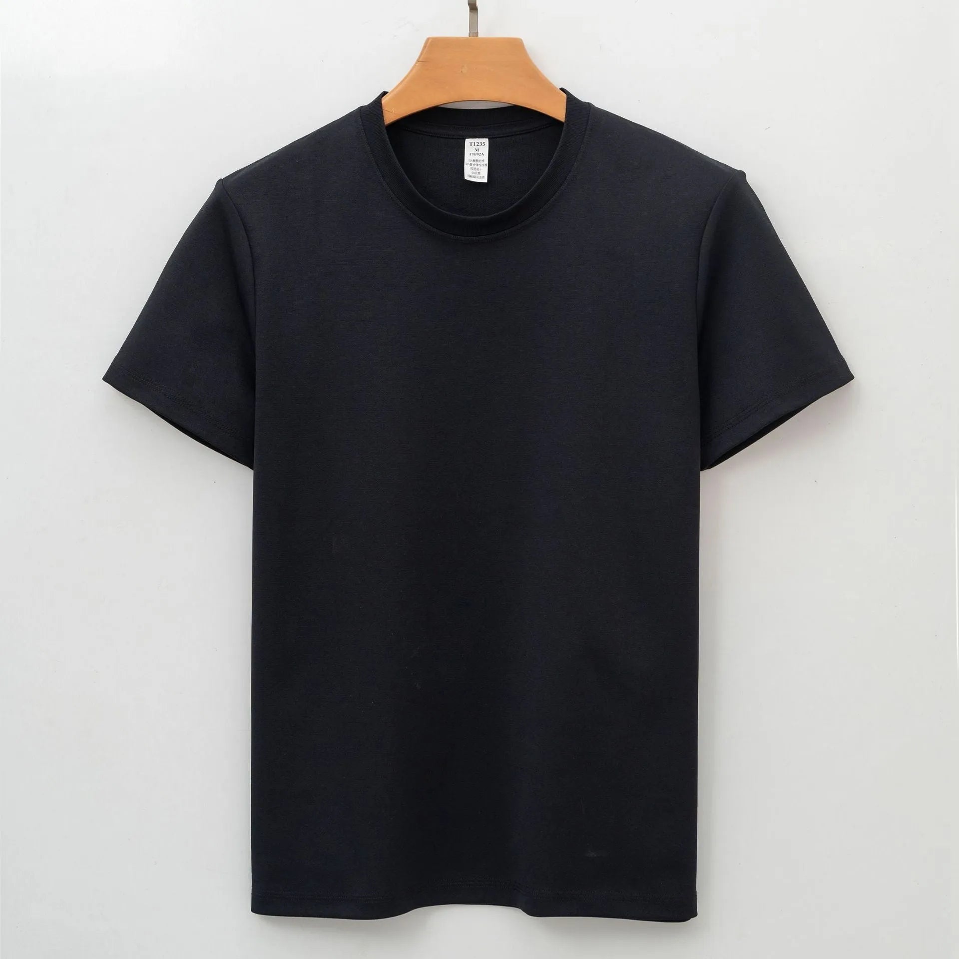 Men's solid colour antibacterial quick-dry short sleeve t-shirt on a hanger, straight cut style.